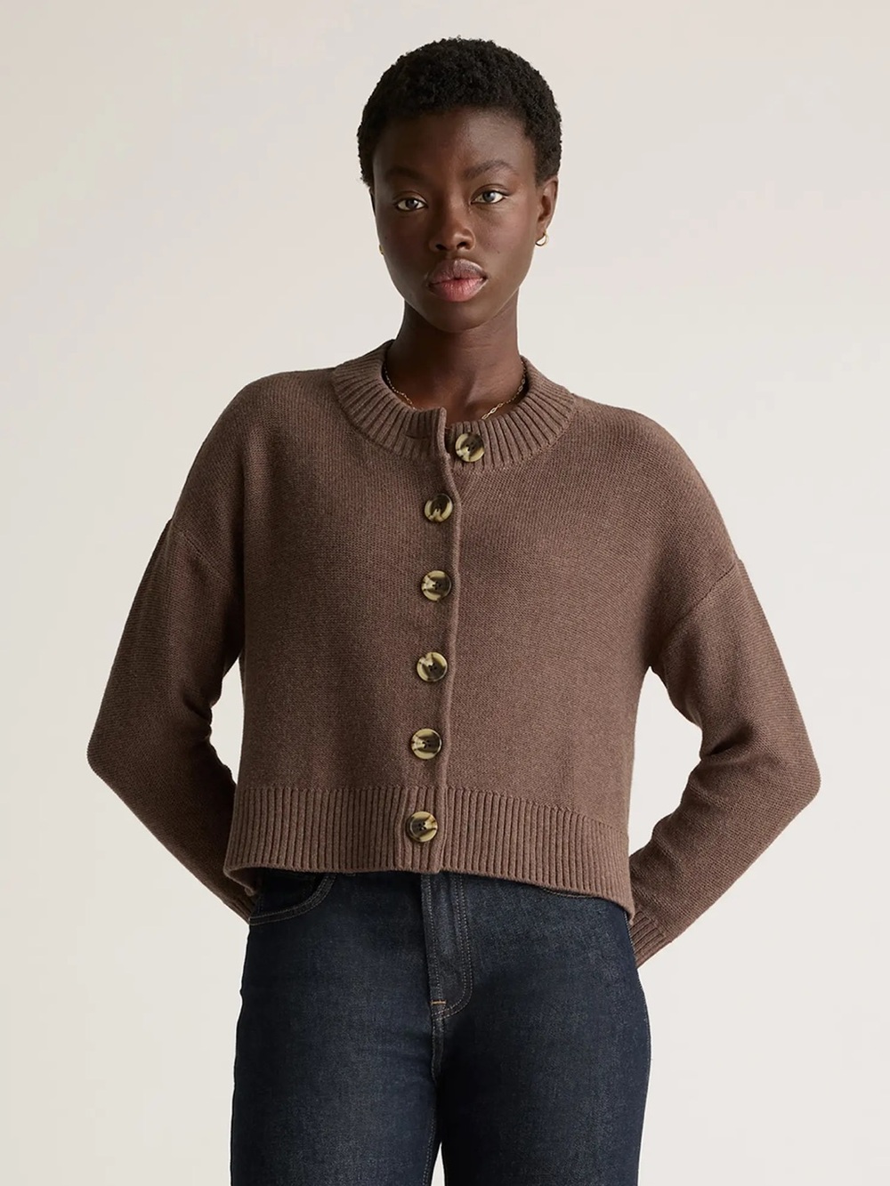 Quince 100% Organic Cotton Cropped Cardigan Heather Brown Size XL